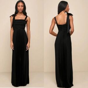 Lulu's Gorgeous Purpose Black Satin Pleated Sleeveless Bow Maxi Dress S Wedding